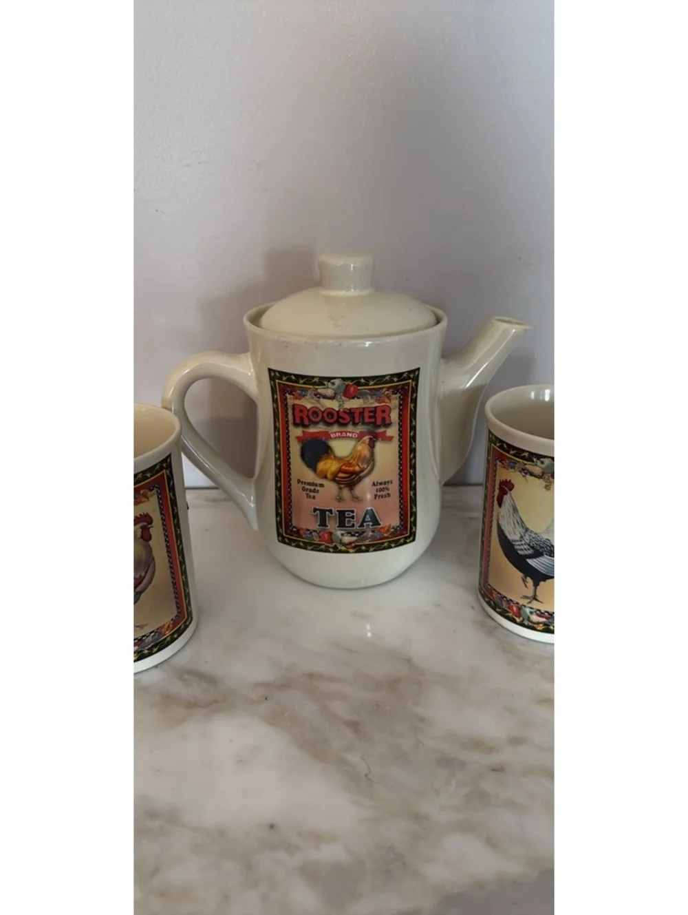 Vintage Rooster Brand Tea Set with Teapot and Two Mugs